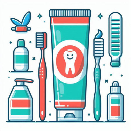 Dental care. Toothbrush, toothpaste, toothpaste, toothbrush, toothpaste. Vector illustration.のイラスト素材