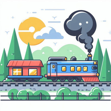 Vector illustration of a train on the road in the forest. Flat style.のイラスト素材