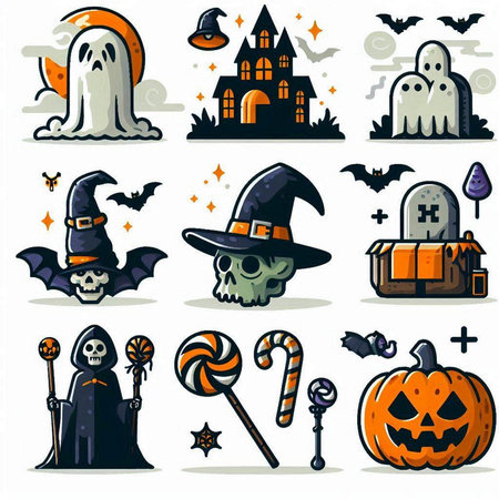 Halloween icons set with ghost, pumpkin, witch hat, candies, castle, candy canes and other elementsのイラスト素材