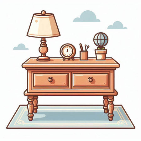 Illustration of an old chest of drawers and a table lampのイラスト素材