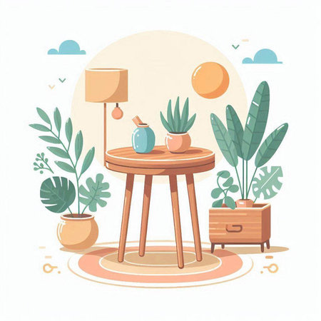 Vector illustration of a cozy living room with furniture and plants. Flat style.のイラスト素材