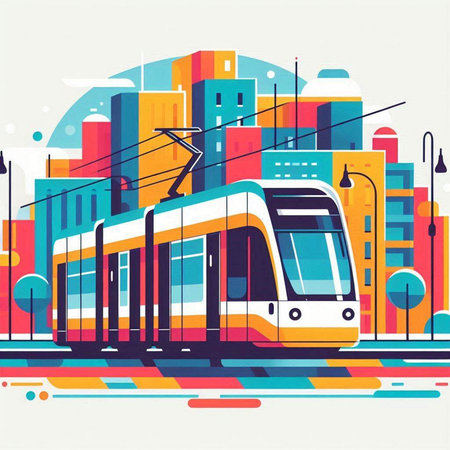 Modern tram on the background of the modern city. Vector illustration.のイラスト素材