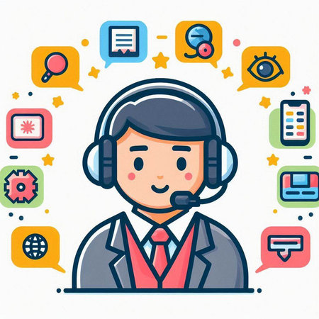Call center operator with headset and customer service icons. Vector illustration.のイラスト素材