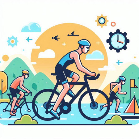 Cyclists racing in the park. Vector illustration in flat styleのイラスト素材