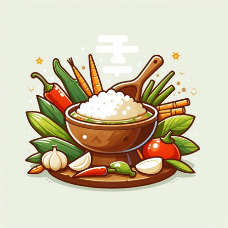 Illustration of a bowl of rice with spices and vegetables on a light backgroundのイラスト素材