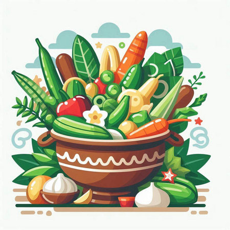 Vegetables in a bowl. Vector illustration in flat style.のイラスト素材