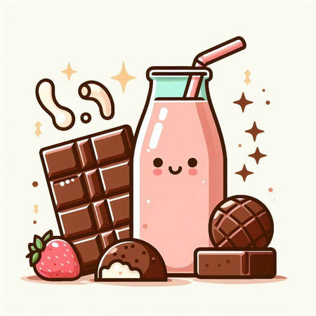 Milk shake with chocolate, strawberry and chocolate bar. Vector illustration.のイラスト素材