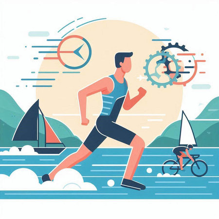 Sporty man running on the beach. Vector illustration in flat styleのイラスト素材