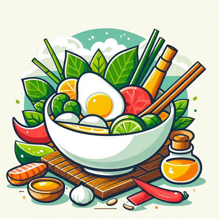 Bowl of noodle soup with egg and vegetables, vector illustrationのイラスト素材