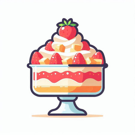 Strawberry cake with whipped cream in glass bowl. Vector illustration.のイラスト素材
