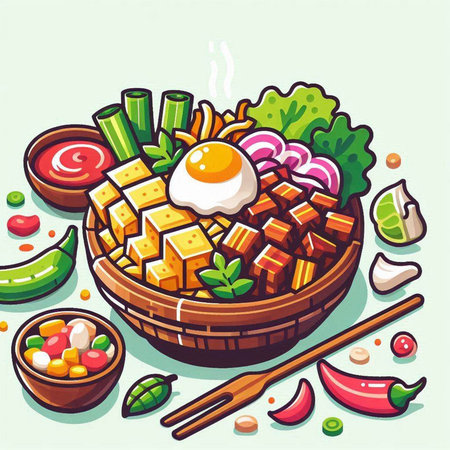 Illustration of a bowl of spicy tofu with vegetables and fried eggのイラスト素材