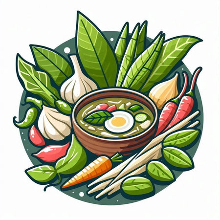 Thai soup in bowl with ingredients. Vector illustration of Thai food.のイラスト素材