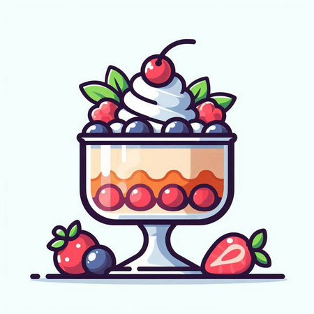 Cake in a glass bowl with berries and whipped cream. Vector illustration.のイラスト素材
