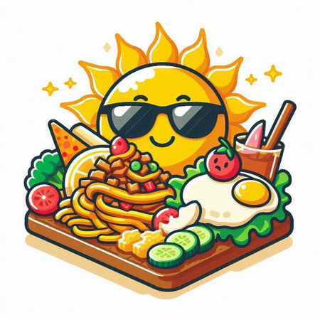 Cartoon illustration of a sun with noodles, fried eggs and vegetableのイラスト素材