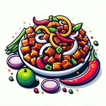 Illustration of a bowl of spicy chinese food on a white backgroundのイラスト素材