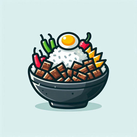 Illustration of rice bowl with fried egg and chili. Vector illustration.のイラスト素材