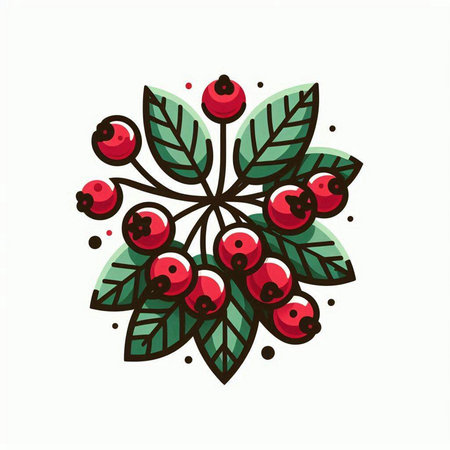 Christmas tree branch with red berries and green leaves. Vector illustration.のイラスト素材