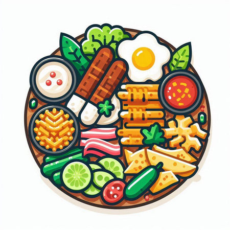 Korean food vector illustration. Sausage, fried egg, kimchi, dumplings, cheese, vegetables, sausages and sauce.のイラスト素材