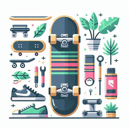 Skateboard and sport equipment in flat style. Skateboarding vector illustration.のイラスト素材