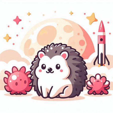 Cute hedgehog and rocket on the background of the moon. Vector illustration.のイラスト素材
