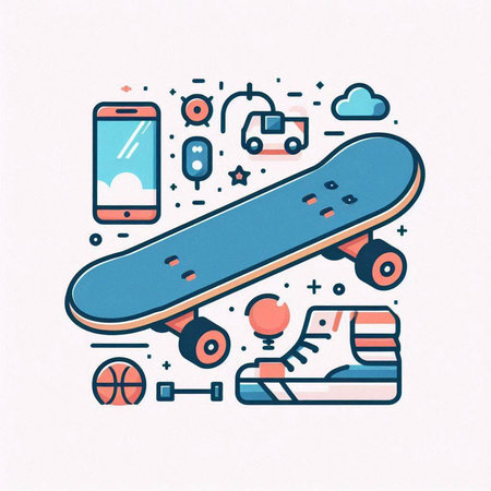 Skateboard and mobile phone. Vector illustration in line art style.のイラスト素材
