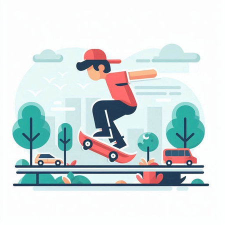 Skateboarder riding on skateboard in the park. Flat style vector illustration.のイラスト素材