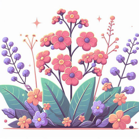 Floral background with flowers and leaves. Vector illustration in cartoon style.のイラスト素材