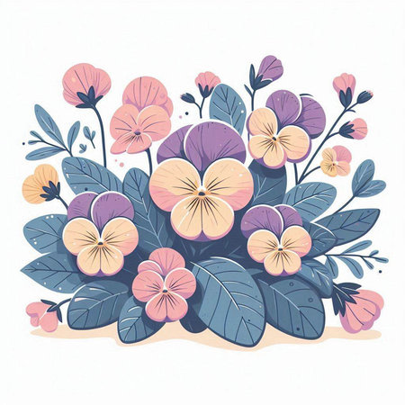 Hand drawn floral illustration with pansy flowers and leaves. Vector illustration.のイラスト素材