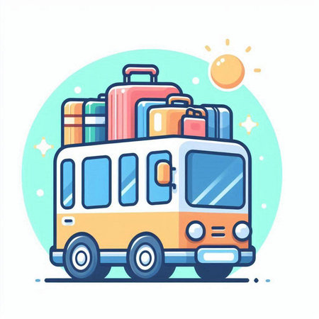 Bus with luggage. Vector illustration in flat cartoon style. Concept for travel, holiday, vacation.のイラスト素材