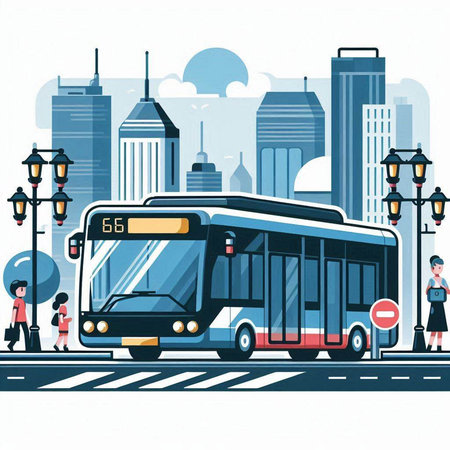 Bus on city street. Vector illustration in flat style. Cityscape background.のイラスト素材