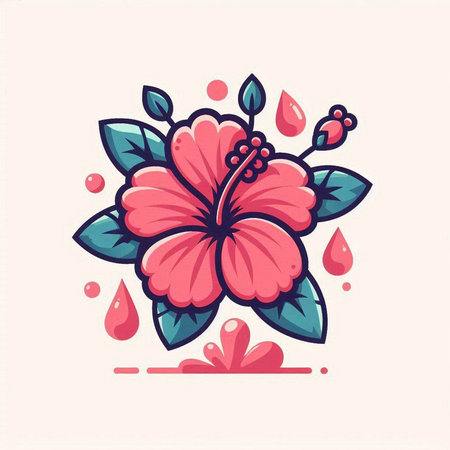 Hibiscus flower and water drops. Hand drawn vector illustration.のイラスト素材