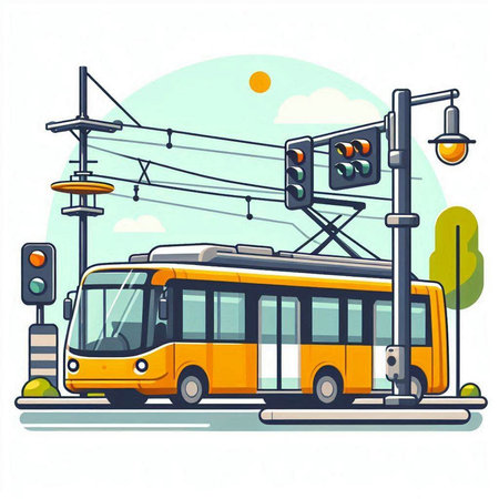 Vector illustration of a yellow tram on the city street with traffic lights.のイラスト素材