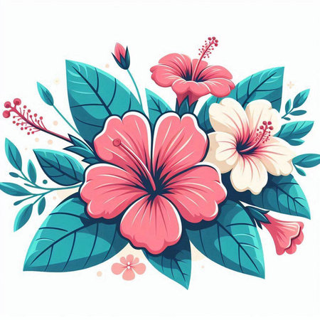 Vector illustration of hibiscus flowers with leaves and flowers.のイラスト素材