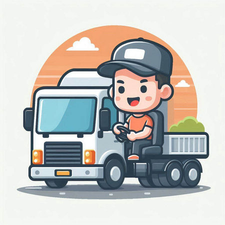 Cute boy driving a truck. Vector illustration in cartoon style.のイラスト素材