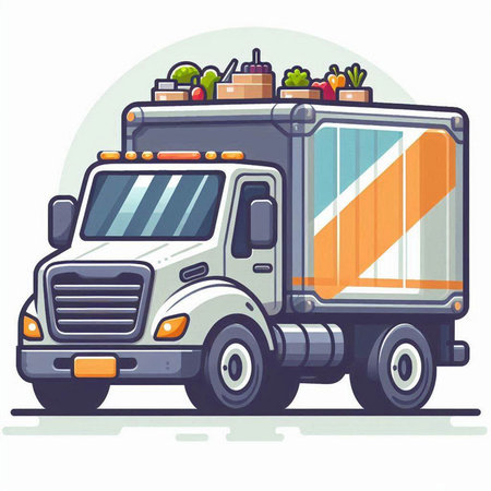Illustration of a truck with vegetables and fruits on a white backgroundのイラスト素材