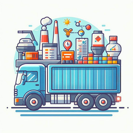 Cargo truck with containers and factory. Vector illustration in flat styleのイラスト素材