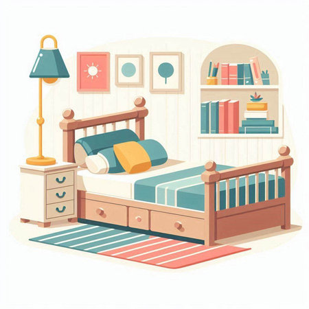 Vector illustration of a children's bedroom with a bed, lamp and books.のイラスト素材