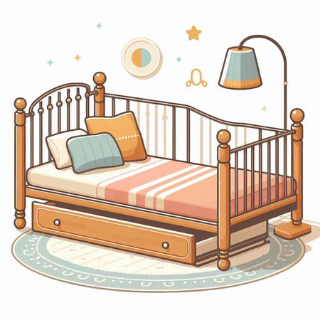 Vector illustration of a childrens bed with pillows and a lampのイラスト素材