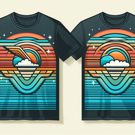 Retro T-Shirt Design with Sun, Clouds and Rainbowのイラスト素材