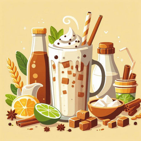 Vector illustration of Iced coffee with milk, ice cream and cinnamon.のイラスト素材