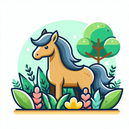 Cute cartoon horse with flowers in the park. Vector illustration.のイラスト素材