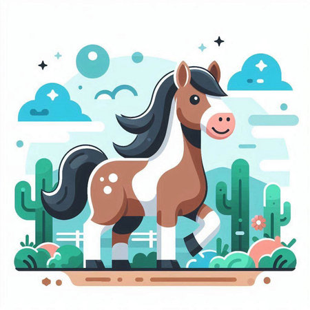 Vector illustration of a horse in the desert with cactuses.のイラスト素材