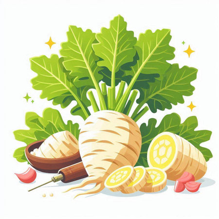 Fresh turnip and parsley on white background. Vector illustration.のイラスト素材
