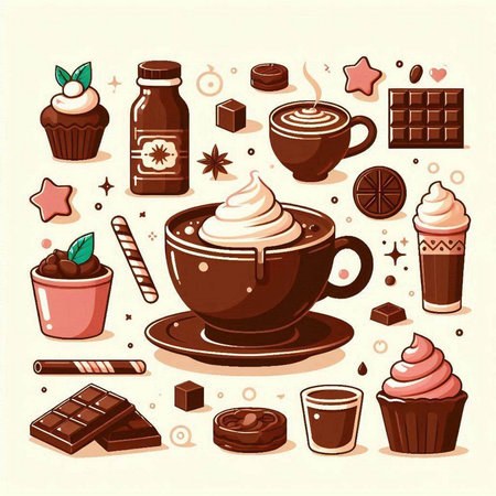 Cup of hot chocolate with whipped cream, chocolate candies, coffee beans and cinnamon sticks. Vector illustration.のイラスト素材