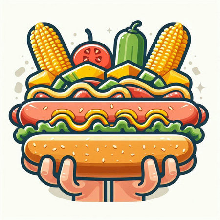 Vector illustration of hot dog with corn, tomato and cucumber.のイラスト素材