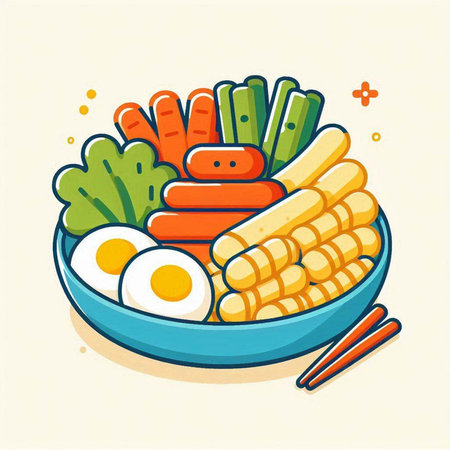 Bowl of vegetables and eggs. Vector illustration in flat style.のイラスト素材