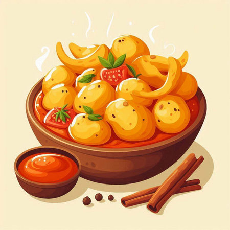 Potato gnocchi with tomato sauce and cinnamon sticks. Vector illustration.のイラスト素材