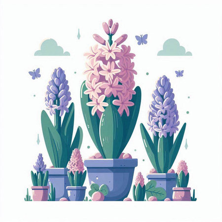 Flowering hyacinths in pots. Vector illustration.のイラスト素材