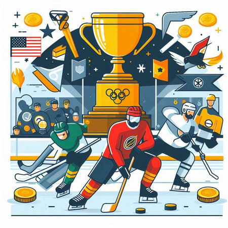 Ice hockey players with trophy, cup and puck in sport arena. Vector illustrationのイラスト素材