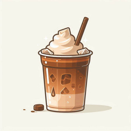 Iced coffee with whipped cream in a glass. Vector illustration.のイラスト素材